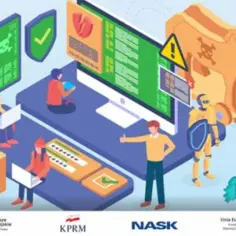 Ilustracja przedstawia walkę z malware. Ludzie pracują przy komputerach, chroniąc się przed zagrożeniami, symbolizowanymi przez koń trojański i wirusy.