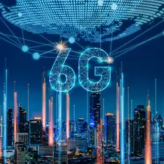 Światowa sieć 6G nad miastem nocą, z neonowymi światłami i połączeniami danych.