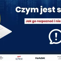 Grafika pokazuje laptop, telefon i tarczę z kluczem, symbolizujące bezpieczeństwo. Pytanie "Czym jest spoofing?" i podpowiedź "Jak go rozpoznać i nie dać się nabrać?" ostrzegają przed oszustwami.