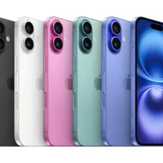 Pięć iPhone'ów w różnych kolorach: czarny, biały, różowy, zielony i fioletowy, z jednym wyświetlającym ekran.