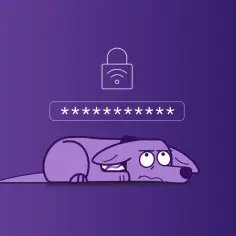 Smutny piesek leży pod polem z gwiazdkami, symbolizującym hasło. Nad nim widnieje ikona kłódki z sygnałem Wi-Fi, co sugeruje klucz zabezpieczeń sieciowych.