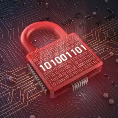 Czerwona kłódka z kodem binarnym symbolizuje silny firewall, chroniący obwody elektroniczne przed nieautoryzowanym dostępem.