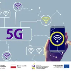 Sieć 5G to przyszłość łączności. Grafika pokazuje schemat połączeń z ikonami Wi-Fi i centralnym napisem "5G", symbolizującym szybki internet mobilny.