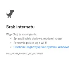 Mały dinozaur biegnie w pustkę. Komunikat "Brak internetu" sugeruje, że czas na sprawdzenie połączenia sieciowego.