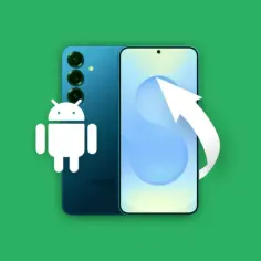Ikona Androida i smartfon z białym strzałką wskazującą na ekran, symbolizujące odzyskiwanie danych z telefonu.