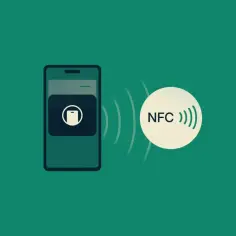 Telefon z ikoną płatności zbliżeniowych i symbolem NFC, gotowy do transakcji.
