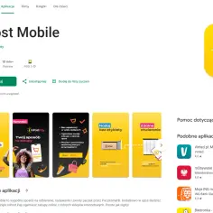 Ikona aplikacji InPost Mobile z żółtym słońcem i zrzuty ekranu aplikacji pokazujące funkcje.