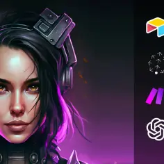 Cyberpunkowy awatar kobiety z neonowym blaskiem i futurystycznymi słuchawkami. Obok ikony technologii.