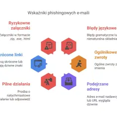 Wykres pokazuje, jak rozpoznać phishing: podejrzane adresy, skrócone linki, pilne działania, błędy językowe, ogólnikowe zwroty i ryzykowne załączniki.