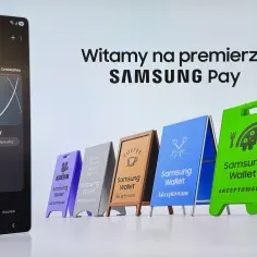 Na premierze Samsung Pay zobaczysz telefon z kartą Samsung Pay i tabliczki informujące o akceptacji płatności w różnych miejscach.