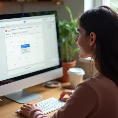 Kobieta korzysta z komputera, na ekranie widoczny jest Kalendarz Google z zaznaczonym wydarzeniem.