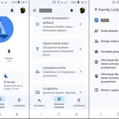Ekran aplikacji Family Link, służącej do kontroli rodzicielskiej na Androidzie. Widoczne opcje: limity aplikacji, ograniczenia treści, ustawienia konta, zarządzanie grupą rodzinną.