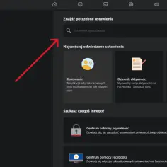 Ekran ustawień prywatności Facebooka z zaznaczonym polem wyszukiwania i opcjami.