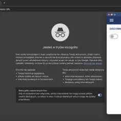 Przeglądarka w trybie incognito. Po prawej panel OpenVPN Connect z profilem Polski-VPN.pl, rozłączony.