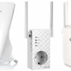 Trzy białe urządzenia wzmacniające internet, w tym modele TP-Link i Asus, z antenami i wskaźnikami LED.