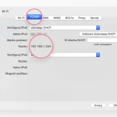 Ustawienia sieciowe TCP/IP. Widoczny adres IP routera: 192.168.1.254.