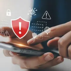 Ochrona telefonu przed wirusami. Ikony symbolizujące bezpieczeństwo, zagrożenia i ochronę danych na ekranie smartfona.