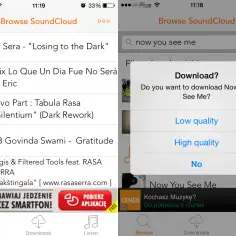 Jak pobrać muzykę na telefon? Aplikacja SoundCloud pyta, czy chcesz pobrać utwór "Now You See Me" w niskiej czy wysokiej jakości.