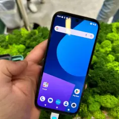 Dłoń trzyma smartfon z kolorową tapetą. W tle zielony mech i kilka etui do różnych **marek telefonów**.