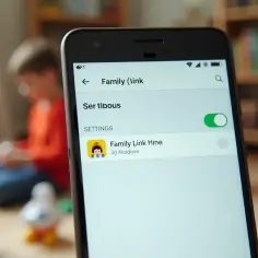 Ekran telefonu z aplikacją Family Link, w tle dzieci.