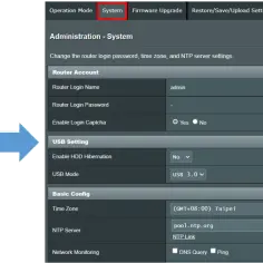 Panel administracyjny routera, sekcja System. Możliwość zmiany nazwy użytkownika i hasła do logowania do routera.