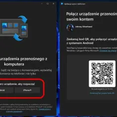 Aplikacja "Łącze z telefonem" pozwala na połączenie telefonu z komputerem. Wybierz Android lub iPhone, aby rozpocząć.