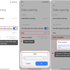 Jak włączyć roaming Plus? Ustaw limit danych na dzień w roamingu, wybierz rozmiar limitu (np. 1GB) i zdecyduj, czy chcesz ostrzeżenie, czy wyłączenie danych.