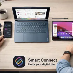 Jak połączyć telefon z laptopem? Na biurku leżą smartfon, słuchawki, tablet i laptop.