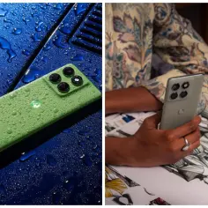 Zielony telefon z aparatem jak lustrzanka, pokryty kroplami wody, leży na niebieskiej powierzchni. Obok, ten sam telefon w dłoni, na tle szkiców modowych.