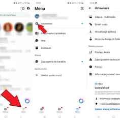 Zrzut ekranu z aplikacji Messenger pokazujący menu ustawień i centrum kont.