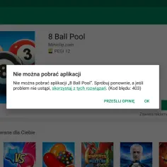 Grafika z gry 8 Ball Pool z komunikatem o błędzie pobierania aplikacji.