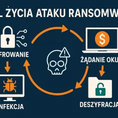 Cykl życia ataku ransomware: szyfrowanie, infekcja, żądanie okupu, deszyfracja.