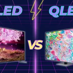 Porównanie technologii OLED i QLED: telewizor LG OLED z kwitnącym drzewem kontra Samsung QLED z abstrakcyjnym wzorem.