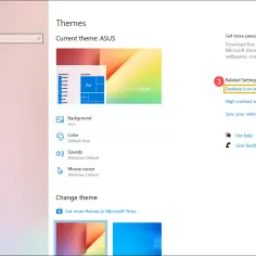 Ustawienia personalizacji, motywy. Kliknij "Desktop icon settings", aby dowiedzieć się, jak zmniejszyć ikonki na pulpicie.
