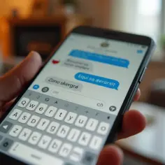 Dłoń trzyma smartfon z widoczną klawiaturą i wiadomościami. Widać polskie znaki w sms, co ułatwia pisanie.