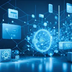 Wizualizacja sieci światłowodowej, prezentująca ranking dostawców internetu. Abstrakcyjne ikony i schematy tworzą cyfrowy krajobraz.