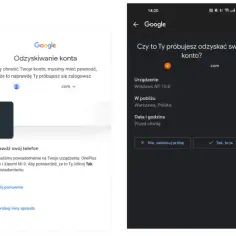 Ekran odzyskiwania konta Google: wprowadzanie hasła, weryfikacja urządzenia i zmiana hasła.