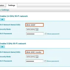 Ustawienia sieci Wi-Fi: nazwa sieci (SSID) "dlink-80DF" dla 2.4 GHz i "dlink-80E1-media" dla 5 GHz.