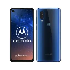 Motorola One Vision w kolorze niebieskim, z przodu ekran z logo, z tyłu podwójny aparat i logo Android One.