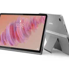 Szary tablet Lenovo z podświetlanym ekranem i wbudowaną podstawką.