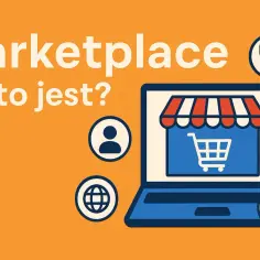 Marketplace: co to jest? Ikony symbolizują handel online, użytkowników i globalny zasięg. Laptop z wózkiem sklepowym i markizą.