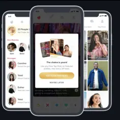 Ekran aplikacji Tinder z oknem dialogowym "The choice is yours!" i przyciskiem "See Your Top Picks".