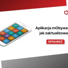Grafika przedstawia smartfon z kolorowymi ikonami aplikacji i tekstem "Aplikacja mObywatel - jak zaktualizować?".
