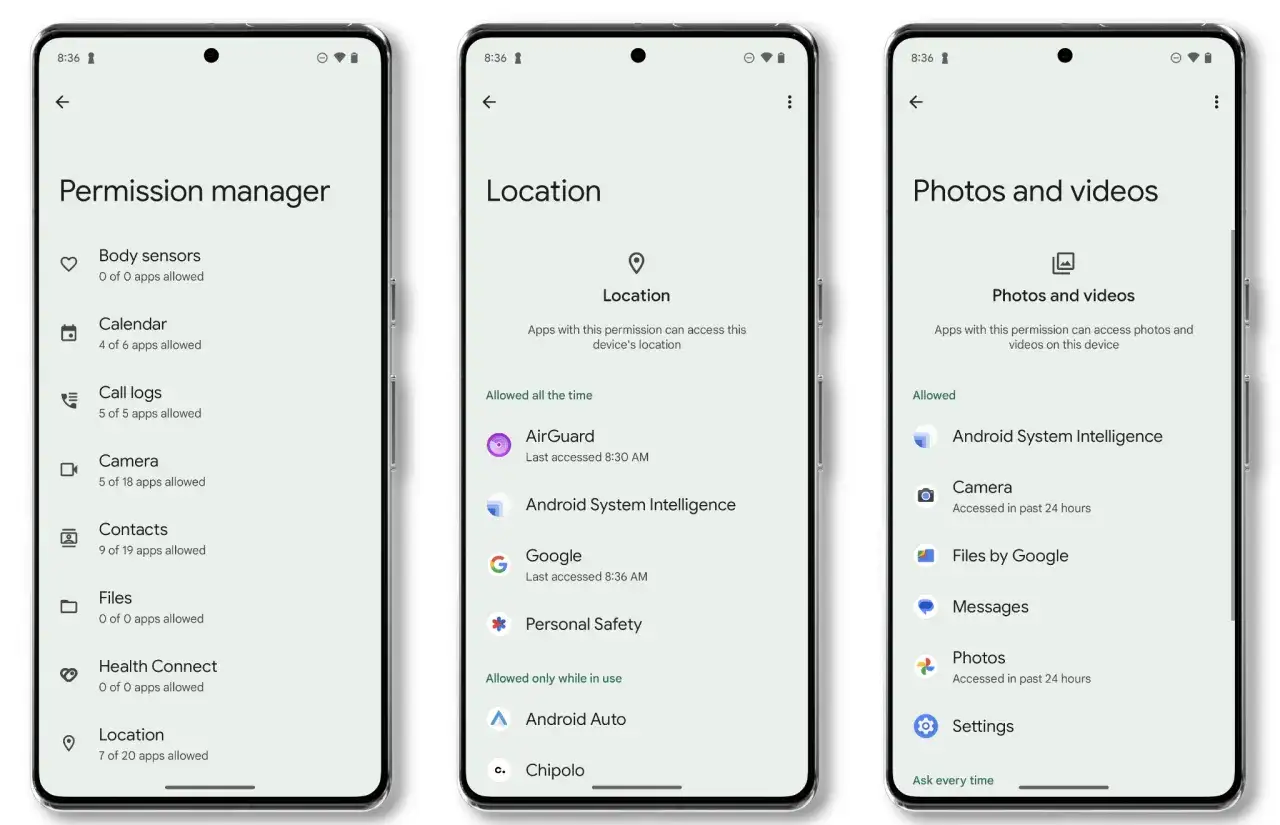 Ekran telefonu z menedżerem uprawnień, lokalizacją i dostępem do zdjęć/filmów. Widać listę aplikacji, którym przyznano dostęp, np. AirGuard, Google. To pomocne przy zarządzaniu prywatnością w każdym apk.