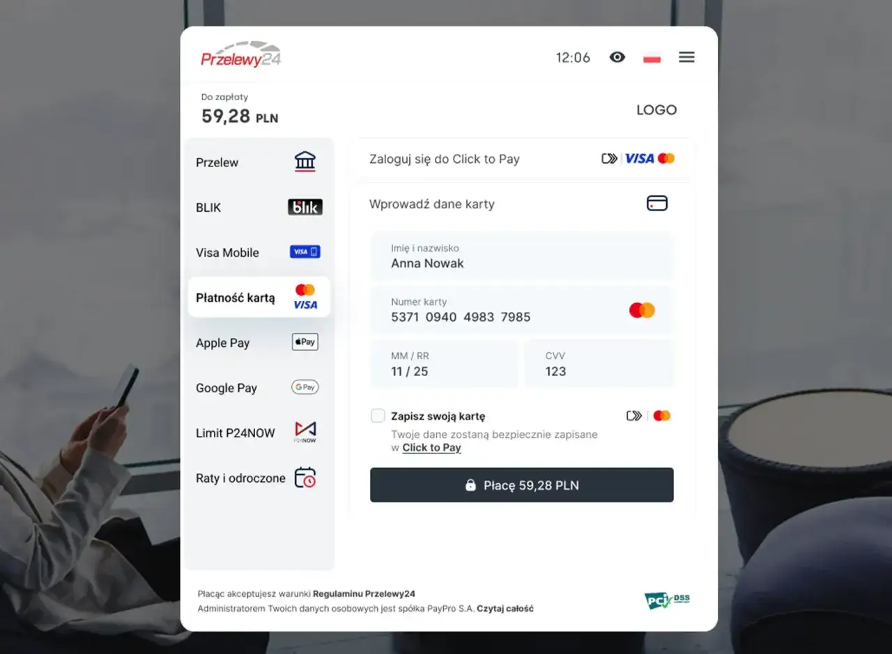 Zaloguj się do Click to Pay, aby zapłacić 59,28 PLN kartą Visa.