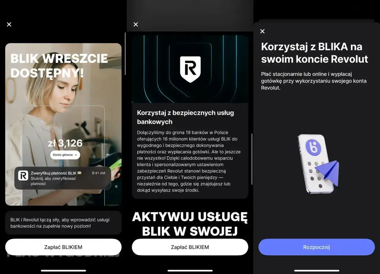 Aplikacja Revolut informuje o dostępności BLIKA. Widzimy ekran z kwotą 3126 zł i opcją płatności.