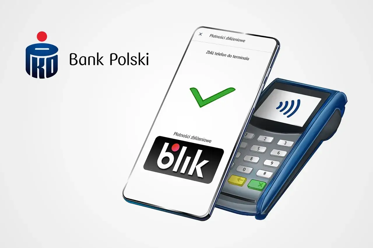 Jak płacić telefonem? Aplikacja Blik na smartfonie zbliżona do terminala płatniczego, potwierdzenie transakcji zielonym znacznikiem.