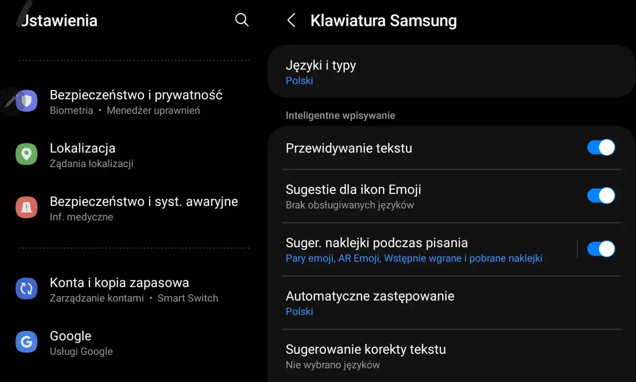 Ustawienia klawiatury Samsung. Aby wyłączyć autokorektę, znajdź opcję 