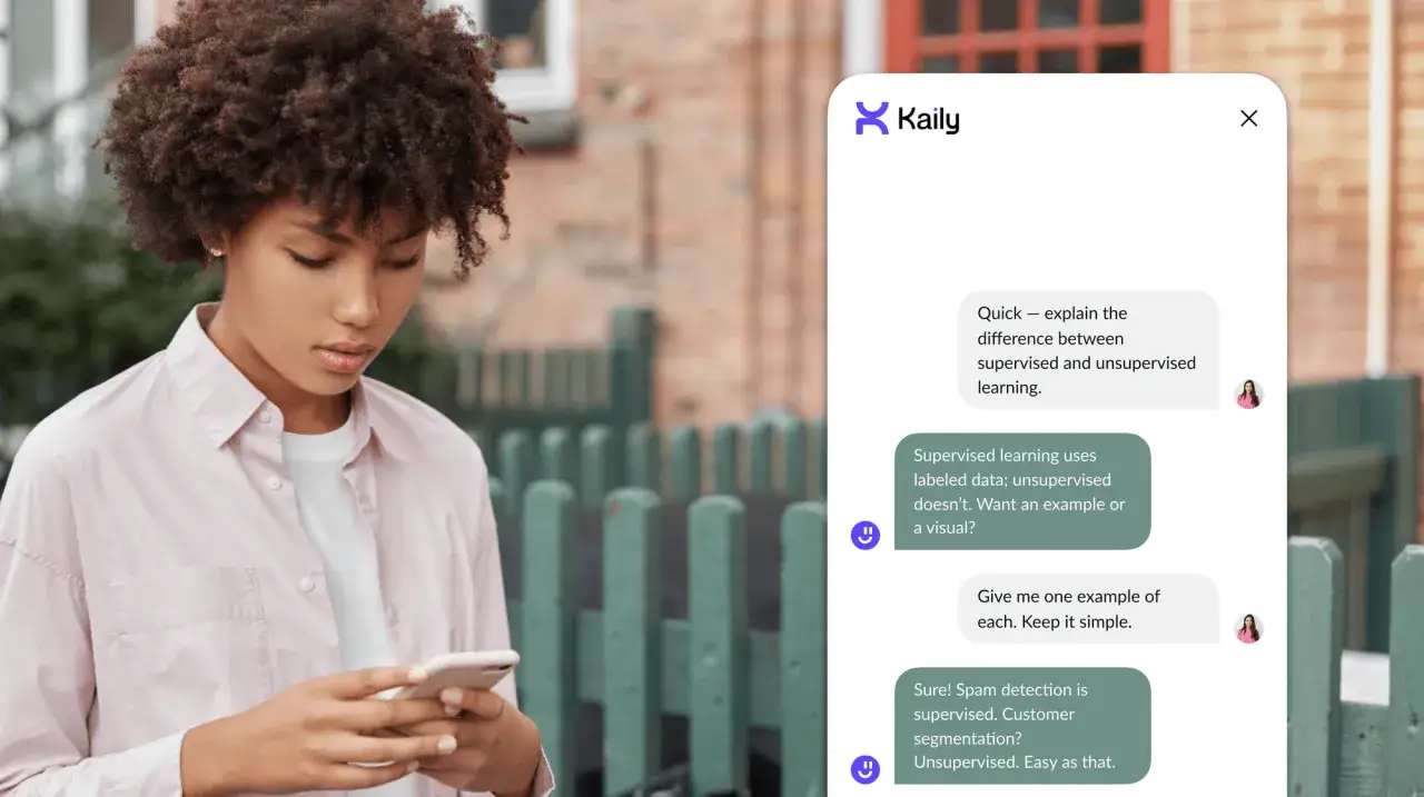 Młoda kobieta korzysta z telefonu, na ekranie której widać interfejs czatu z AI. Możliwość korzystania z ChatGPT za darmo bez logowania.