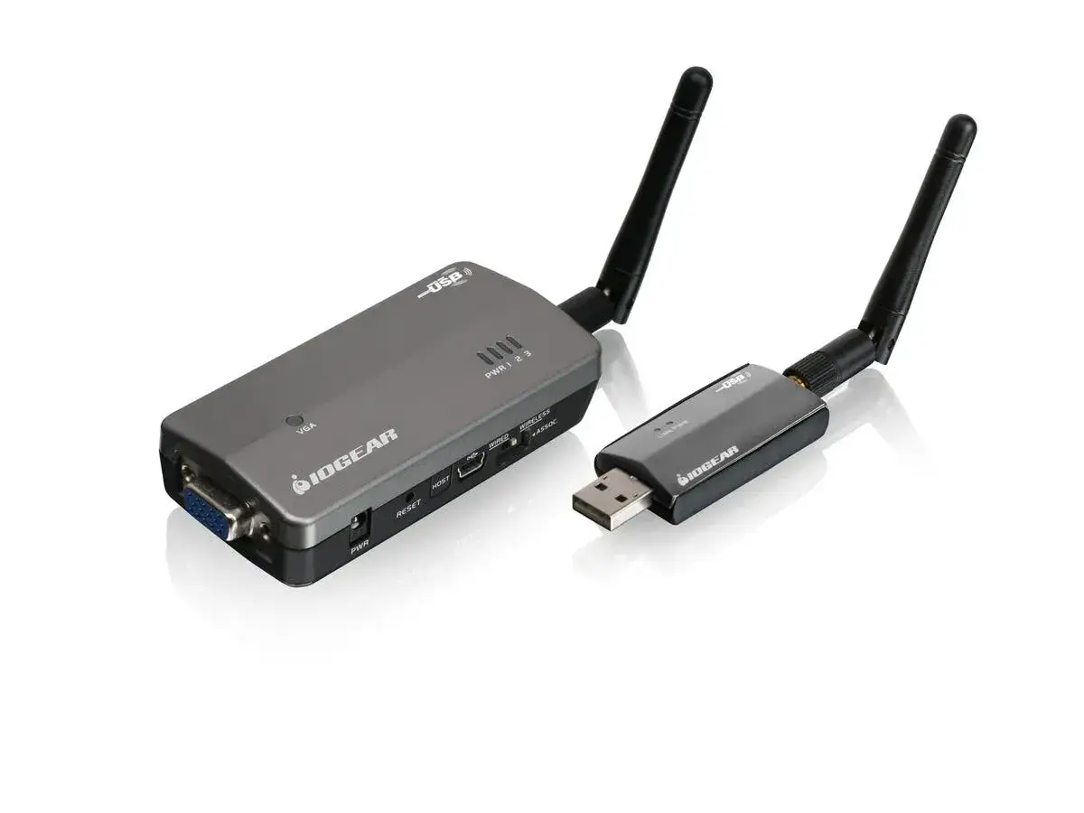 Dwa urządzenia IOGEAR z antenkami, jedno z VGA, drugie USB. Umożliwiają bezprzewodową transmisję obrazu, np. przez wifi direct.